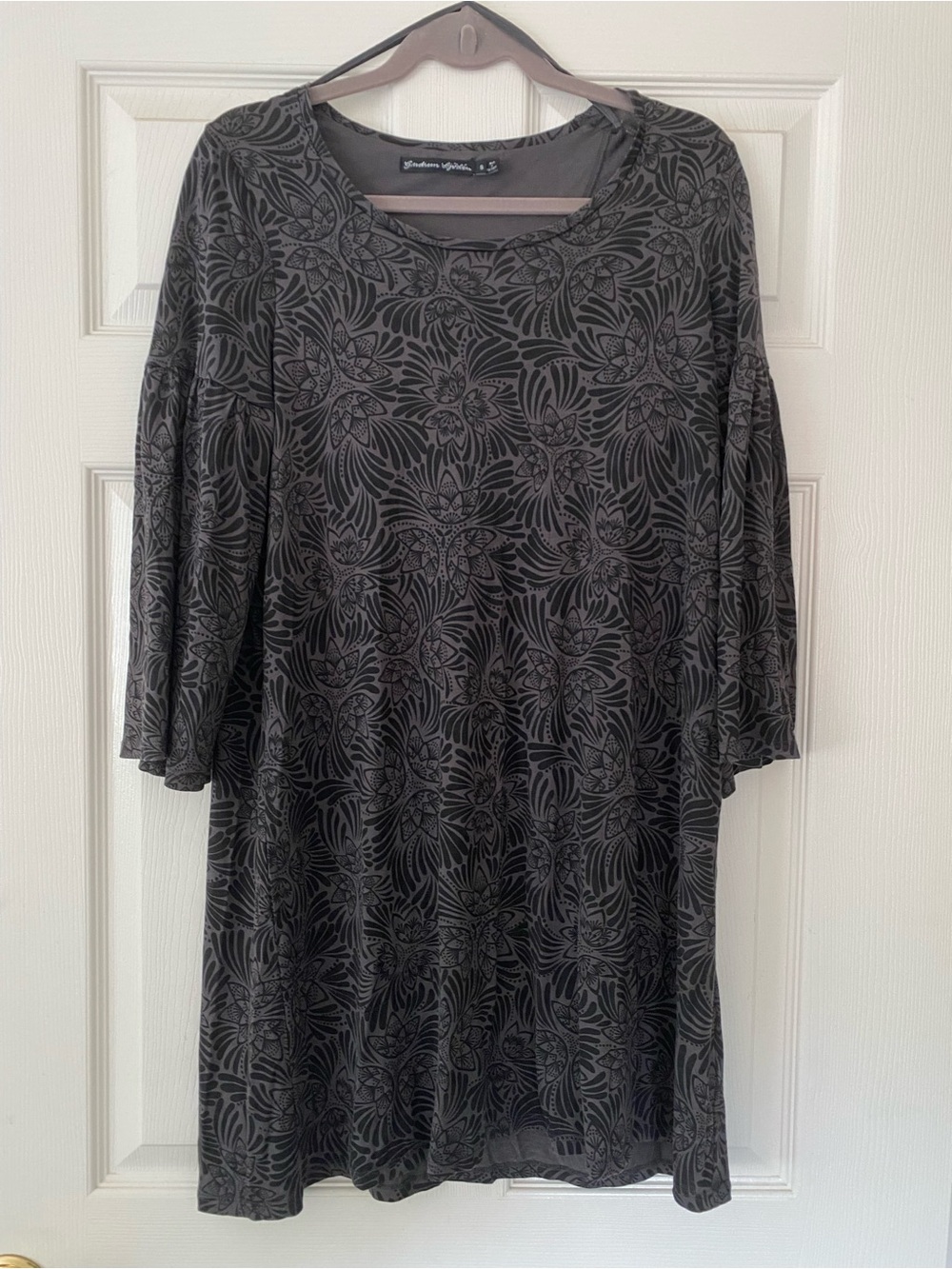 Gudrun Sjoden Kalejdoskop Lyocell Bell Sleeve Tunic Dress Floral Black Gray Sz S - Picture 2 of 7